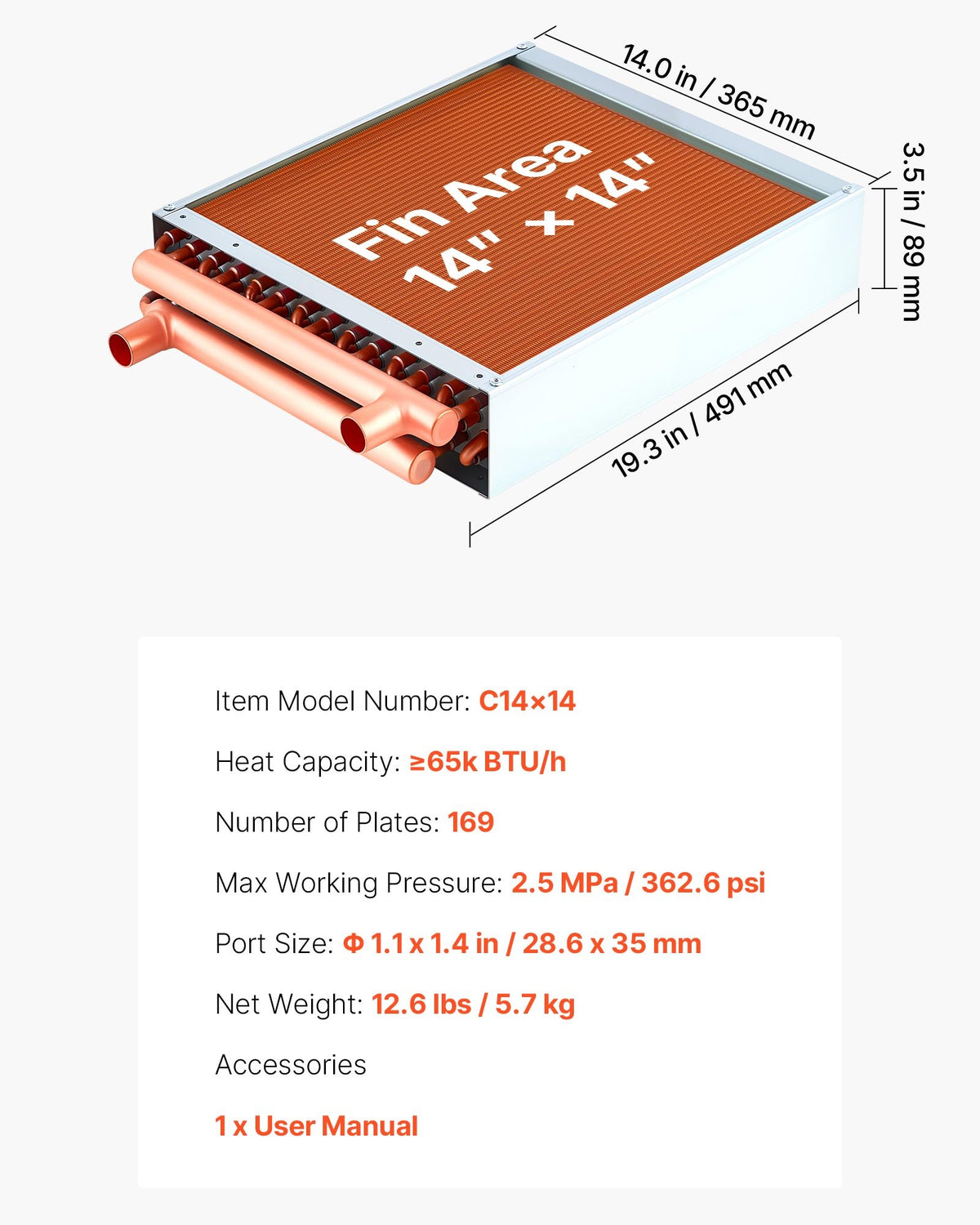 VEVOR Water to Air Heat Exchanger, 14 x 14 in Finned Tube HVAC Heat Exchanger Coil with Copper Tubes & Aluminum Fins, 65K BTU Output for Outdoor Wood Furnace, Hydronic Heating & Cooling Systems - CPGSHRQ14INCUNHCL001V0 - view 8