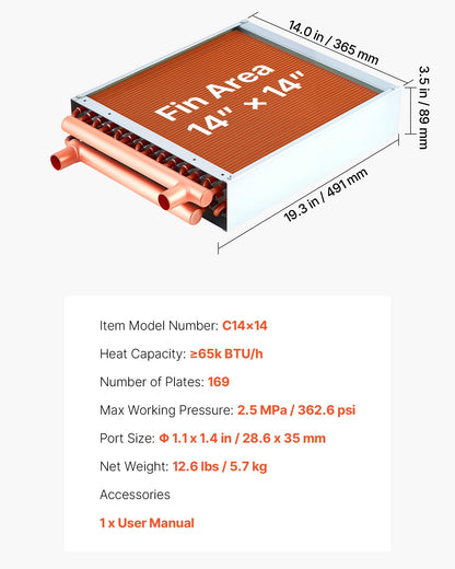 VEVOR Water to Air Heat Exchanger, 14 x 14 in Finned Tube HVAC Heat Exchanger Coil with Copper Tubes & Aluminum Fins, 65K BTU Output for Outdoor Wood Furnace, Hydronic Heating & Cooling Systems - CPGSHRQ14INCUNHCL001V0 - view 8
