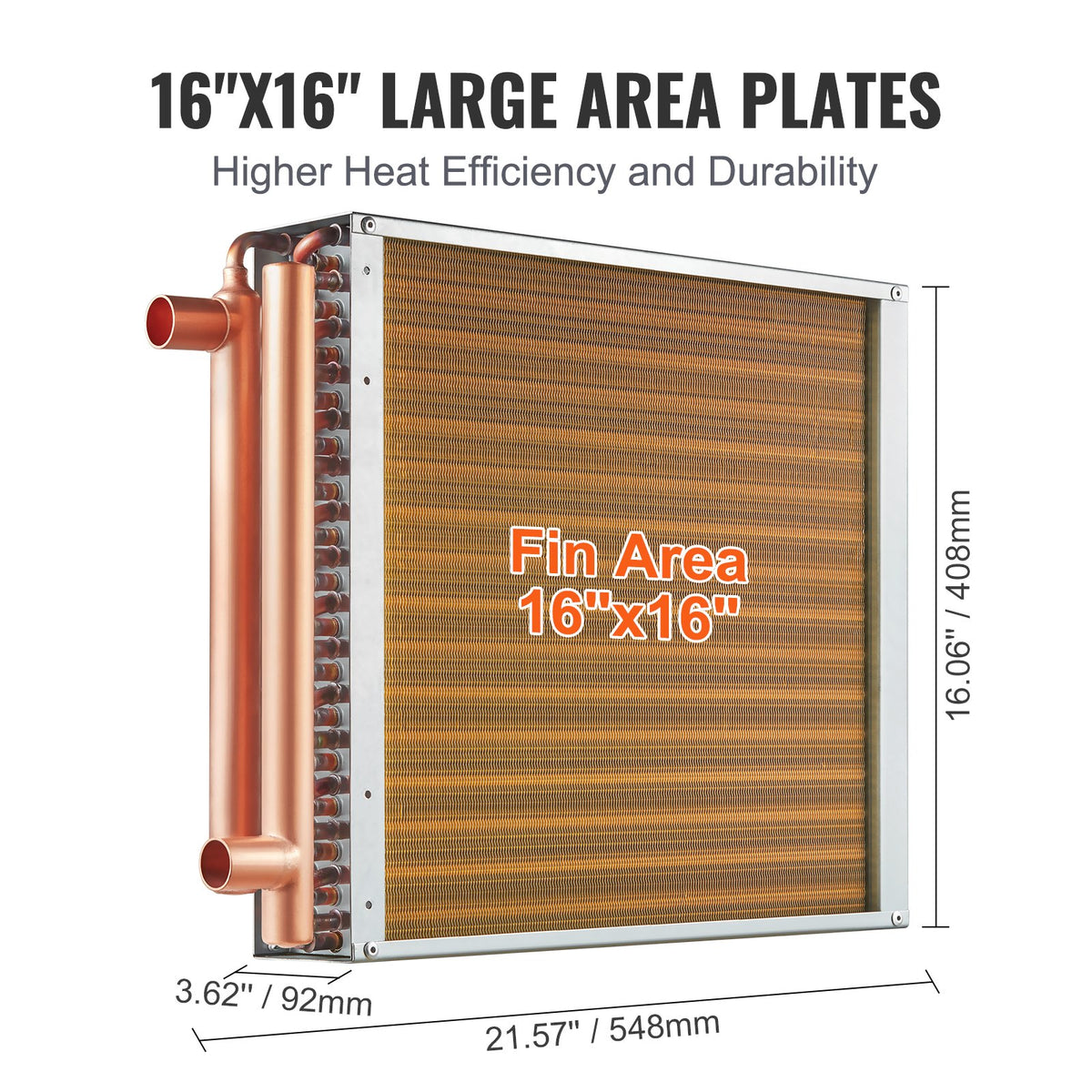 VEVOR Heat Exchanger Water to Air, 16"x 16" with 3-Row 3/8" Copper Ports, 193 Aluminum Fins Heat Exchanger for Outdoor Wood Furnaces, Residential Heating and Cooling, and Forced Air Heating - CPGSHRQ161606S869V0 - view 6