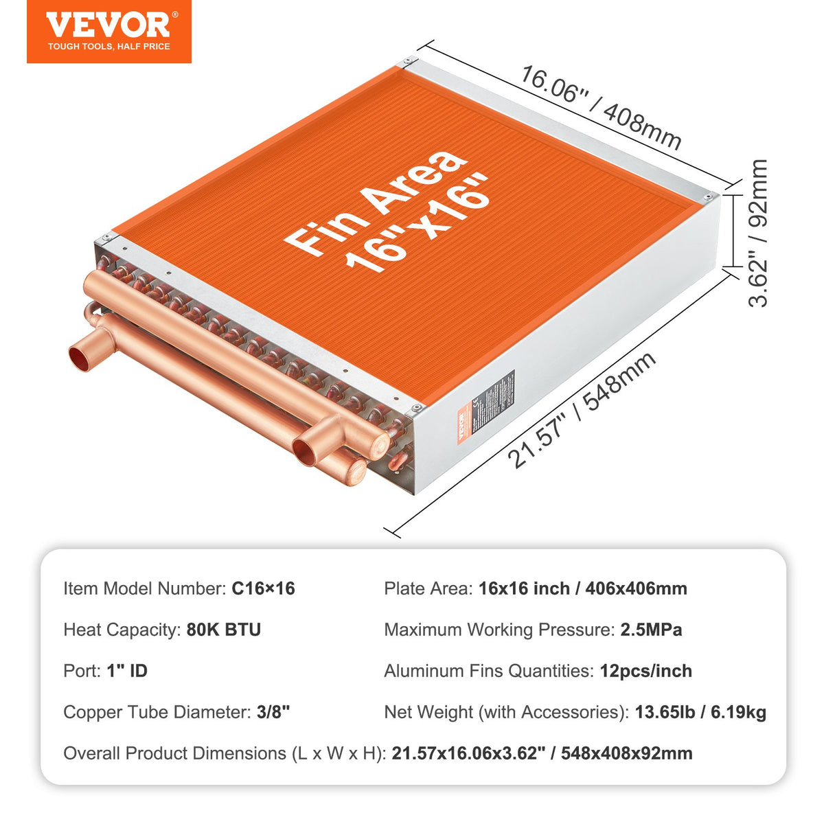 VEVOR Heat Exchanger Water to Air, 16"x 16" with 3-Row 3/8" Copper Ports, 193 Aluminum Fins Heat Exchanger for Outdoor Wood Furnaces, Residential Heating and Cooling, and Forced Air Heating - CPGSHRQ161606S869V0 - view 8