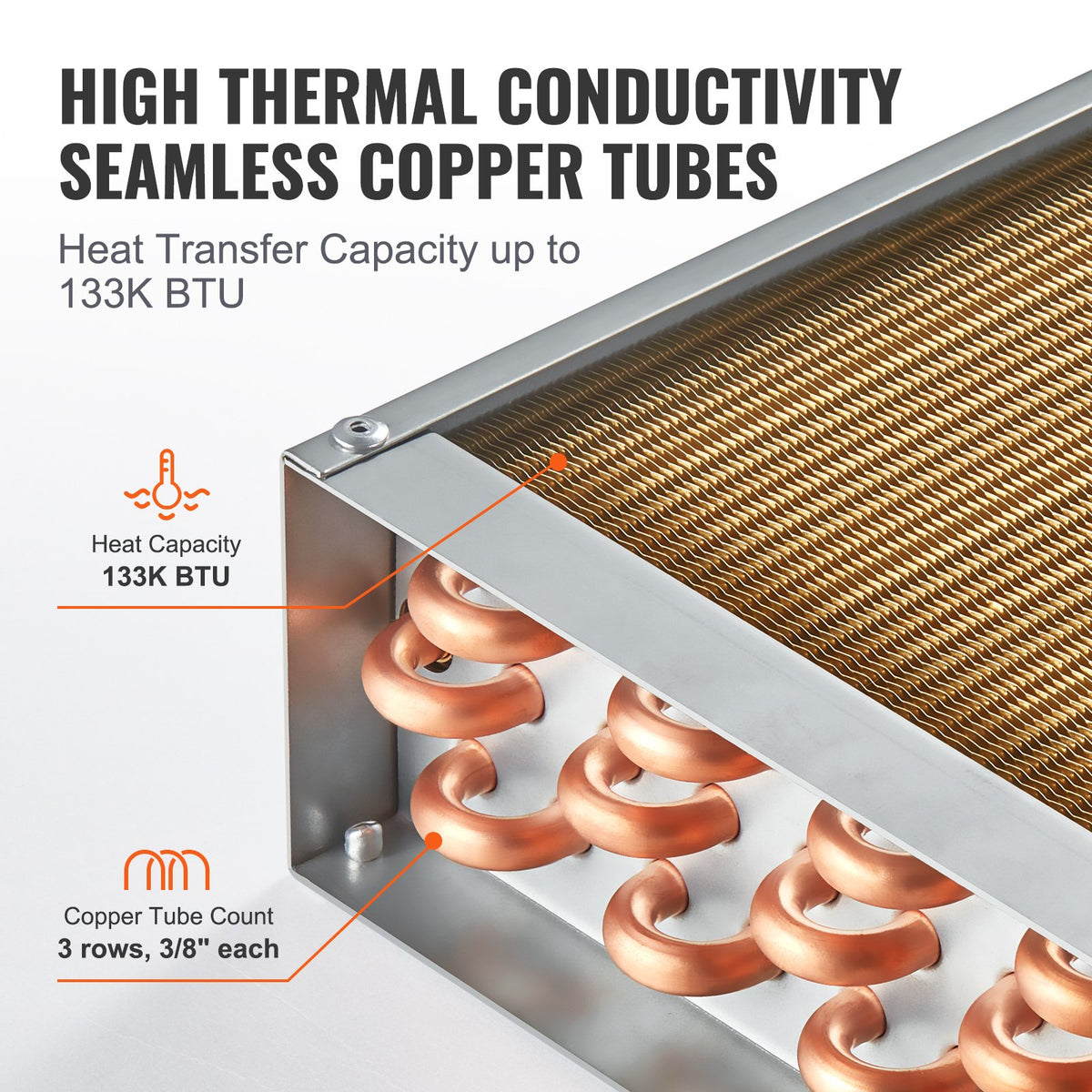 VEVOR Heat Exchanger Water to Air, 18"x 20" with 3-Row 3/8" Copper Ports, 242 Aluminum Fins Heat Exchanger for Outdoor Wood Furnaces, Residential Heating and Cooling, and Forced Air Heating - CPGSHRQ18200VCZ68V0 - view 5
