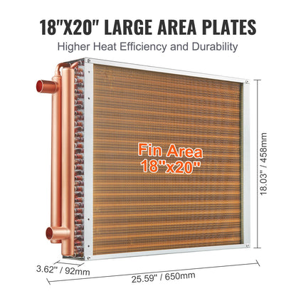 VEVOR Heat Exchanger Water to Air, 18"x 20" with 3-Row 3/8" Copper Ports, 242 Aluminum Fins Heat Exchanger for Outdoor Wood Furnaces, Residential Heating and Cooling, and Forced Air Heating - CPGSHRQ18200VCZ68V0 - view 6