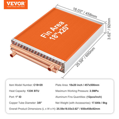 VEVOR Heat Exchanger Water to Air, 18"x 20" with 3-Row 3/8" Copper Ports, 242 Aluminum Fins Heat Exchanger for Outdoor Wood Furnaces, Residential Heating and Cooling, and Forced Air Heating - CPGSHRQ18200VCZ68V0 - view 8
