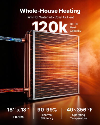 VEVOR Water to Air Heat Exchanger, 18 x 18 in Finned Tube HVAC Heat Exchanger Coil with Copper Tubes & Aluminum Fins, 120K BTU Output for Outdoor Wood Furnace, Hydronic Heating & Cooling Systems - CPGSHRQ18INCCWFK9001V0 - view 3