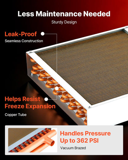 VEVOR Water to Air Heat Exchanger, 18 x 18 in Finned Tube HVAC Heat Exchanger Coil with Copper Tubes & Aluminum Fins, 120K BTU Output for Outdoor Wood Furnace, Hydronic Heating & Cooling Systems - CPGSHRQ18INCCWFK9001V0 - view 5