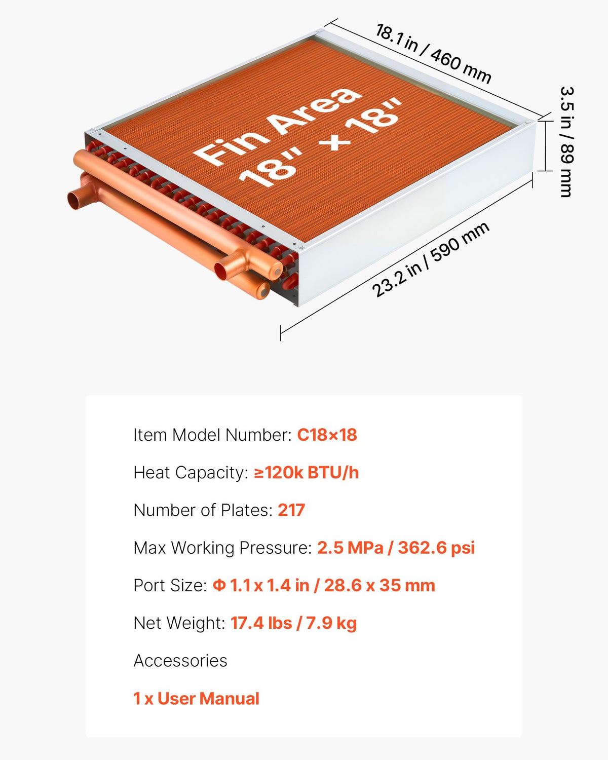 VEVOR Water to Air Heat Exchanger, 18 x 18 in Finned Tube HVAC Heat Exchanger Coil with Copper Tubes & Aluminum Fins, 120K BTU Output for Outdoor Wood Furnace, Hydronic Heating & Cooling Systems - CPGSHRQ18INCCWFK9001V0 - view 8