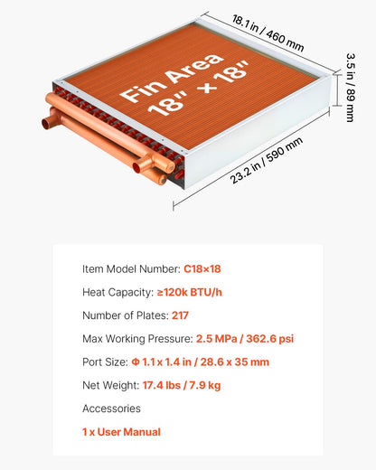 VEVOR Water to Air Heat Exchanger, 18 x 18 in Finned Tube HVAC Heat Exchanger Coil with Copper Tubes & Aluminum Fins, 120K BTU Output for Outdoor Wood Furnace, Hydronic Heating & Cooling Systems - CPGSHRQ18INCCWFK9001V0 - view 8