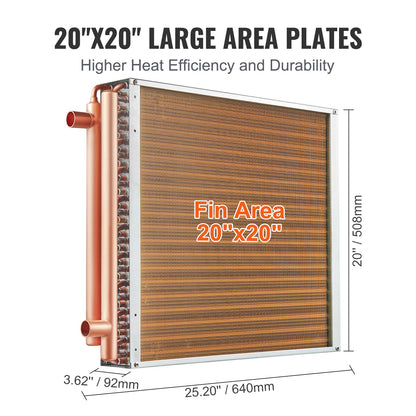 VEVOR Heat Exchanger Water to Air, 20"x 20" with 3-Row 3/8" Copper Ports, 242 Aluminum Fins Heat Exchanger for Outdoor Wood Furnaces, Residential Heating and Cooling, and Forced Air Heating - CPGSHRQ202001R9UUV0 - view 6