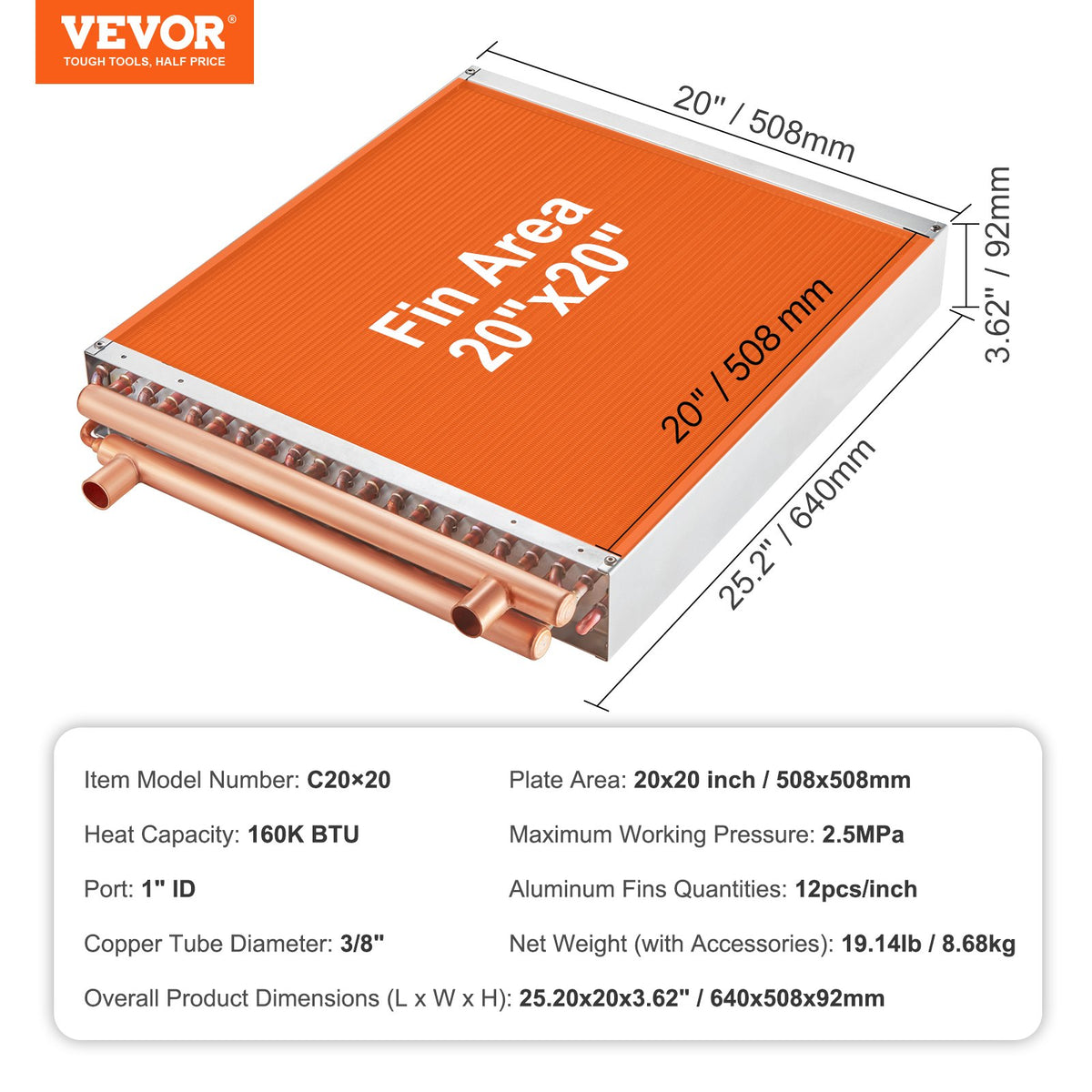 VEVOR Heat Exchanger Water to Air, 20"x 20" with 3-Row 3/8" Copper Ports, 242 Aluminum Fins Heat Exchanger for Outdoor Wood Furnaces, Residential Heating and Cooling, and Forced Air Heating - CPGSHRQ202001R9UUV0 - view 8