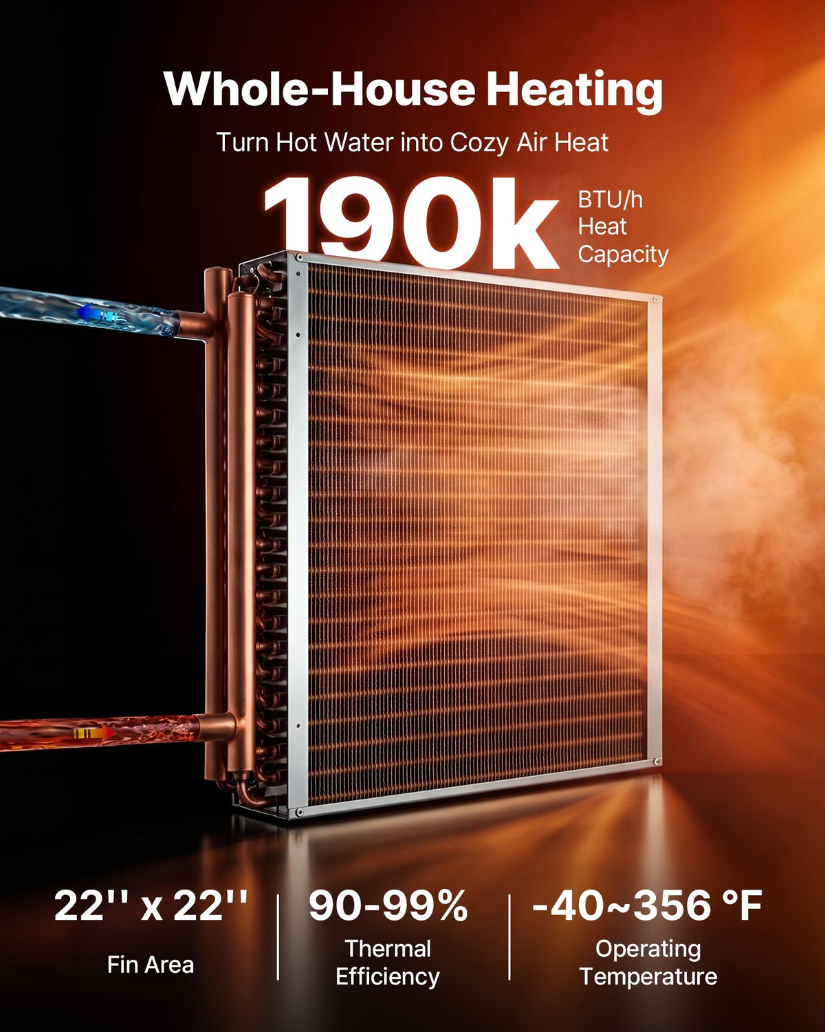 VEVOR Water to Air Heat Exchanger, 22 x 22 in Finned Tube HVAC Heat Exchanger Coil with Copper Tubes & Aluminum Fins, 190K BTU Output for Outdoor Wood Furnace, Hydronic Heating & Cooling Systems - CPGSHRQ22INCEXP9L001V0 - view 3