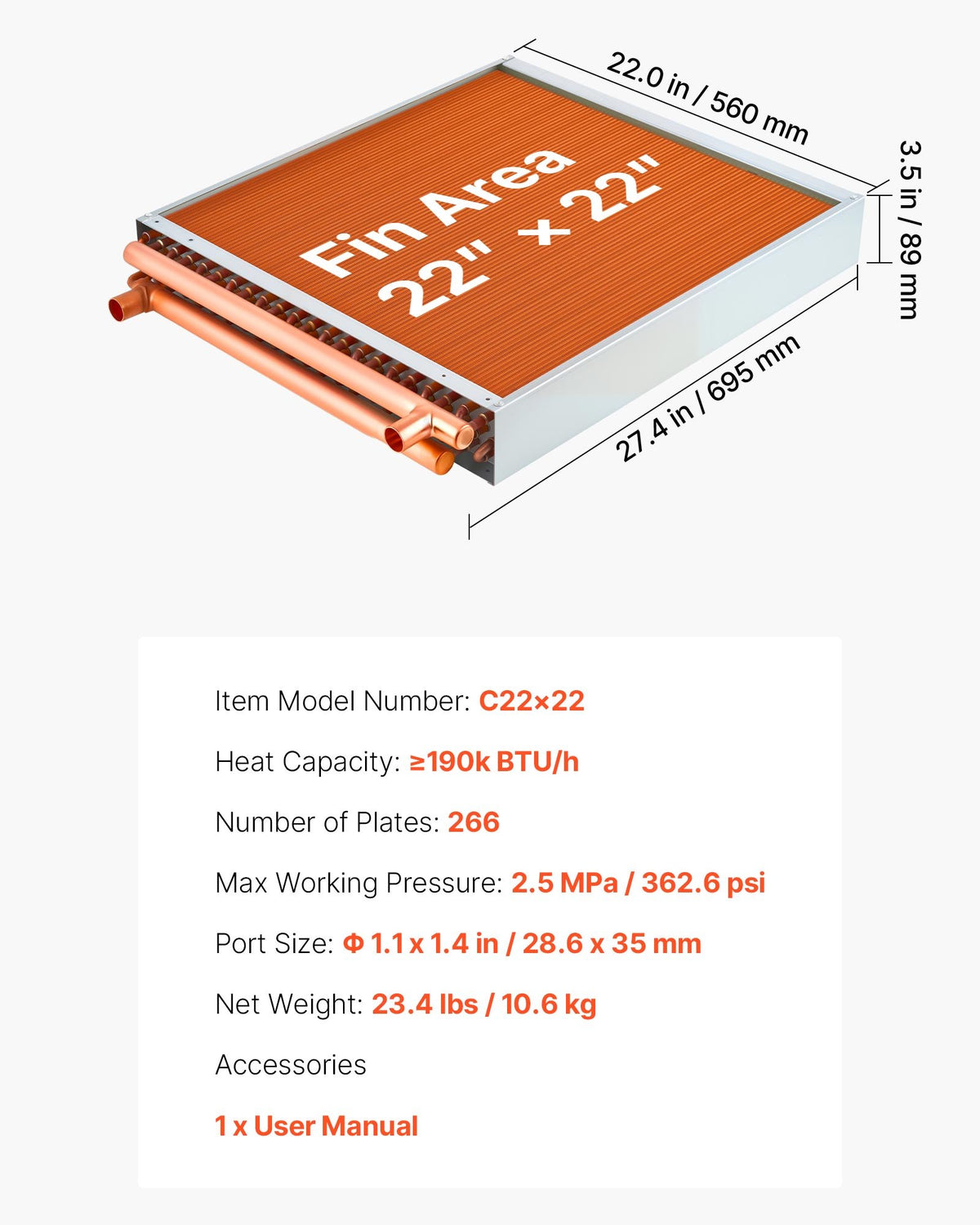 VEVOR Water to Air Heat Exchanger, 22 x 22 in Finned Tube HVAC Heat Exchanger Coil with Copper Tubes & Aluminum Fins, 190K BTU Output for Outdoor Wood Furnace, Hydronic Heating & Cooling Systems - CPGSHRQ22INCEXP9L001V0 - view 8