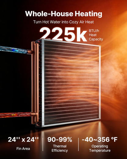 VEVOR Water to Air Heat Exchanger, 24 x 24 in Finned Tube HVAC Heat Exchanger Coil with Copper Tubes & Aluminum Fins, 225K BTU Output for Outdoor Wood Furnace, Hydronic Heating & Cooling Systems - CPGSHRQ24INCX5EY7001V0 - view 3
