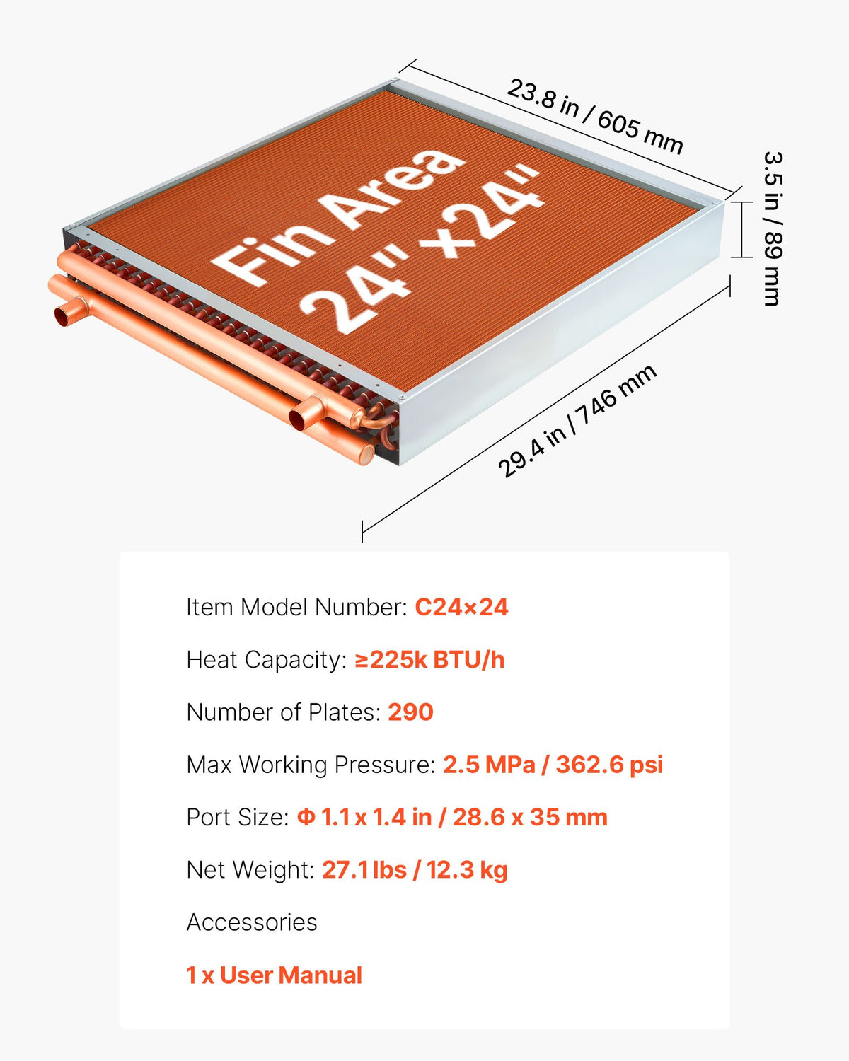 VEVOR Water to Air Heat Exchanger, 24 x 24 in Finned Tube HVAC Heat Exchanger Coil with Copper Tubes & Aluminum Fins, 225K BTU Output for Outdoor Wood Furnace, Hydronic Heating & Cooling Systems - CPGSHRQ24INCX5EY7001V0 - view 8