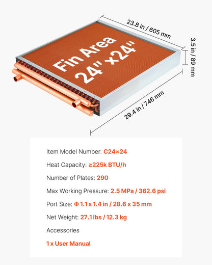 VEVOR Water to Air Heat Exchanger, 24 x 24 in Finned Tube HVAC Heat Exchanger Coil with Copper Tubes & Aluminum Fins, 225K BTU Output for Outdoor Wood Furnace, Hydronic Heating & Cooling Systems - CPGSHRQ24INCX5EY7001V0 - view 8
