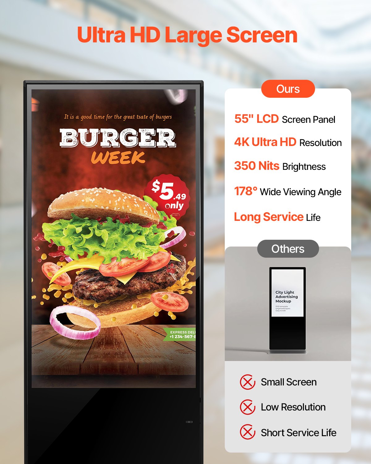 VEVOR 55 Inch Digital Signage Display, Touchscreen Digital Kiosk, Indoor Floor Standing Kiosk Display, 4K UHD LCD Screen, 2GB RAM & 32GB ROM, with WiFi HDMI/USB Input, Commercial Advertising Display - CPKDZGGT4K558KB0LV1 - view 5