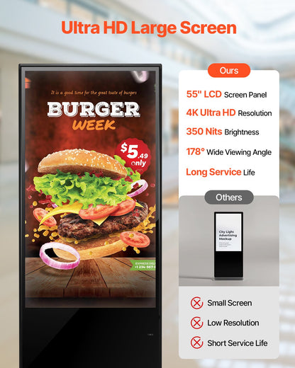 VEVOR 55 Inch Digital Signage Display, Touchscreen Digital Kiosk, Indoor Floor Standing Kiosk Display, 4K UHD LCD Screen, 2GB RAM & 32GB ROM, with WiFi HDMI/USB Input, Commercial Advertising Display - CPKDZGGT4K558KB0LV1 - view 5