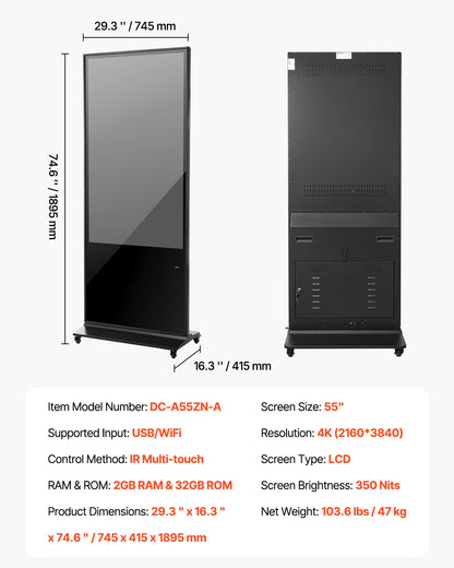 VEVOR 55 Inch Digital Signage Display, Touchscreen Digital Kiosk, Indoor Floor Standing Kiosk Display, 4K UHD LCD Screen, 2GB RAM & 32GB ROM, with WiFi HDMI/USB Input, Commercial Advertising Display - CPKDZGGT4K558KB0LV1 - view 8