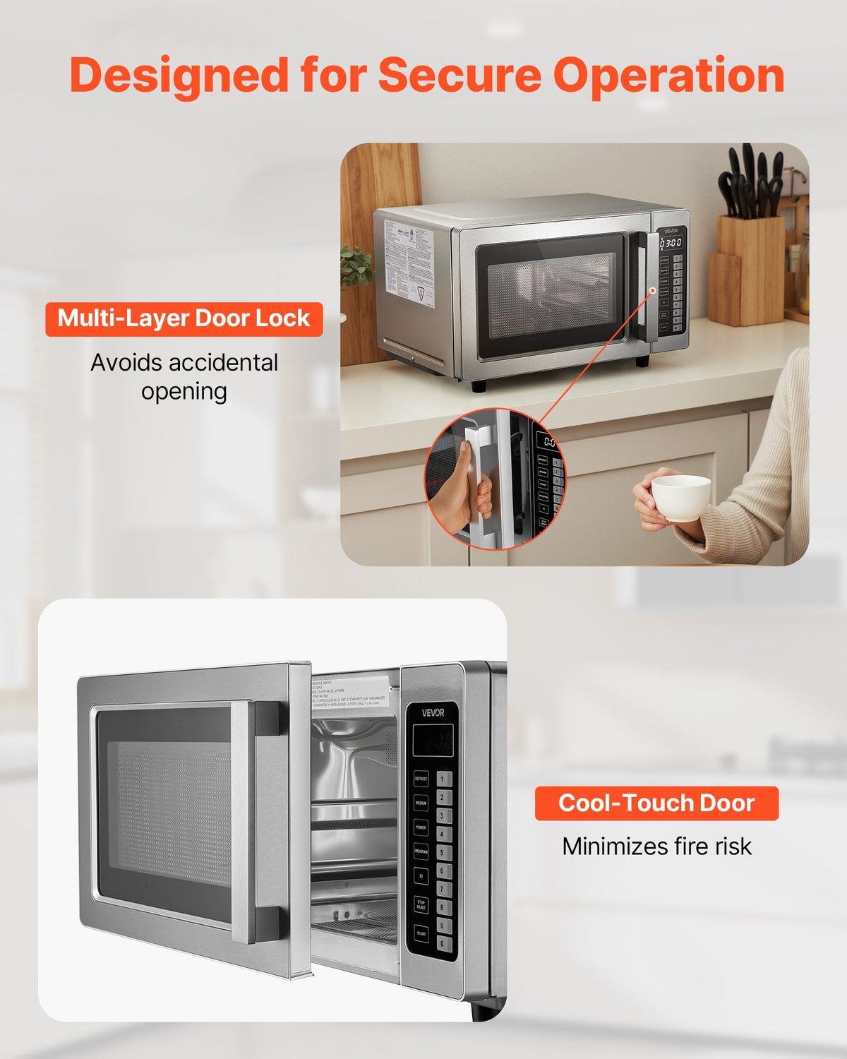 VEVOR Countertop Microwave Oven, 0.9 Cu Ft, 1000W Digital Stainless Steel Microwave Oven with Touchscreen, 10 Cooking Presets, 5 Power Levels, Multi-Lock Door & Easy Clean Interior for Commercial Use - CPKZYC09CUFTYZ79K001V1 - view 7