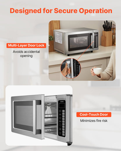 VEVOR Countertop Microwave Oven, 0.9 Cu Ft, 1000W Digital Stainless Steel Microwave Oven with Touchscreen, 10 Cooking Presets, 5 Power Levels, Multi-Lock Door & Easy Clean Interior for Commercial Use - CPKZYC09CUFTYZ79K001V1 - view 7
