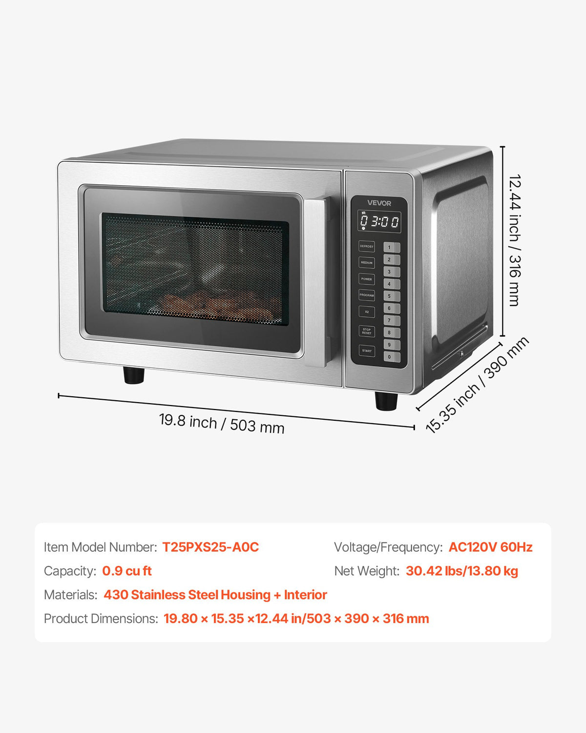 VEVOR Countertop Microwave Oven, 0.9 Cu Ft, 1000W Digital Stainless Steel Microwave Oven with Touchscreen, 10 Cooking Presets, 5 Power Levels, Multi-Lock Door & Easy Clean Interior for Commercial Use - CPKZYC09CUFTYZ79K001V1 - view 8