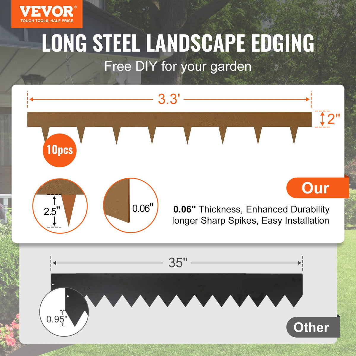 VEVOR Steel Landscape Edging, 10-pack Steel Garden Edging Borders, 39.6" L x 2" H Strips, Hammer-in Edging Border, Bendable Metal Landscape Edging for Yard, Garden, 2.5" Spike Height, Rustic Brown - CPPZ45INCH33L0JNFV0 - view 3