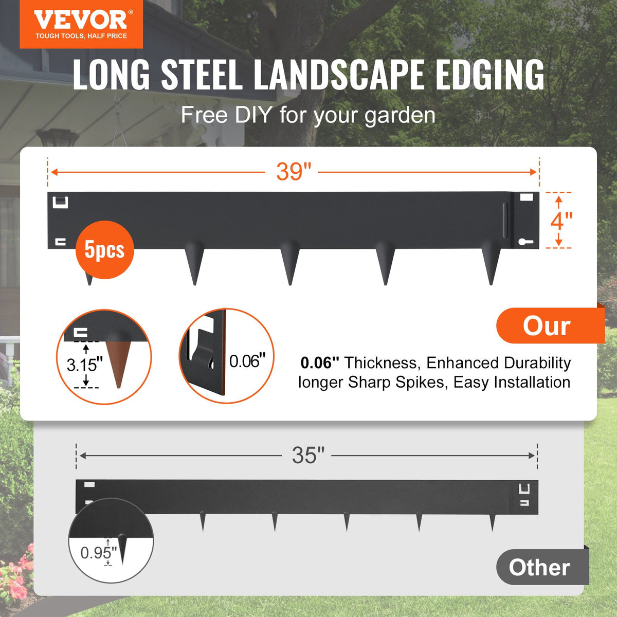 VEVOR Steel Landscape Edging, 5-pack Steel Garden Edging Borders, 39" L x 4" H Strips, Hammer-in Edging Border, Bendable Metal Landscape Edging for Yard, Garden, Lawn, 3.15" Spike Height, Black - CPPZ4INCH162YC9MOV0 - view 3