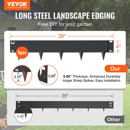 VEVOR Steel Landscape Edging, 5-pack Steel Garden Edging Borders, 39" L x 4" H Strips, Hammer-in Edging Border, Bendable Metal Landscape Edging for Yard, Garden, Lawn, 3.15" Spike Height, Black - CPPZ4INCH162YC9MOV0 - view 3