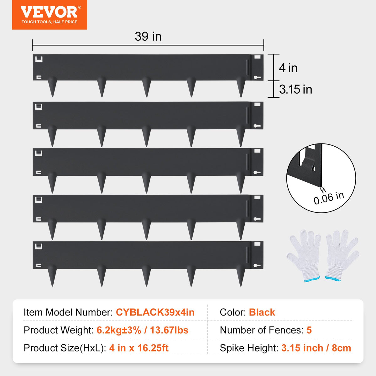 VEVOR Steel Landscape Edging, 5-pack Steel Garden Edging Borders, 39" L x 4" H Strips, Hammer-in Edging Border, Bendable Metal Landscape Edging for Yard, Garden, Lawn, 3.15" Spike Height, Black - CPPZ4INCH162YC9MOV0 - view 8