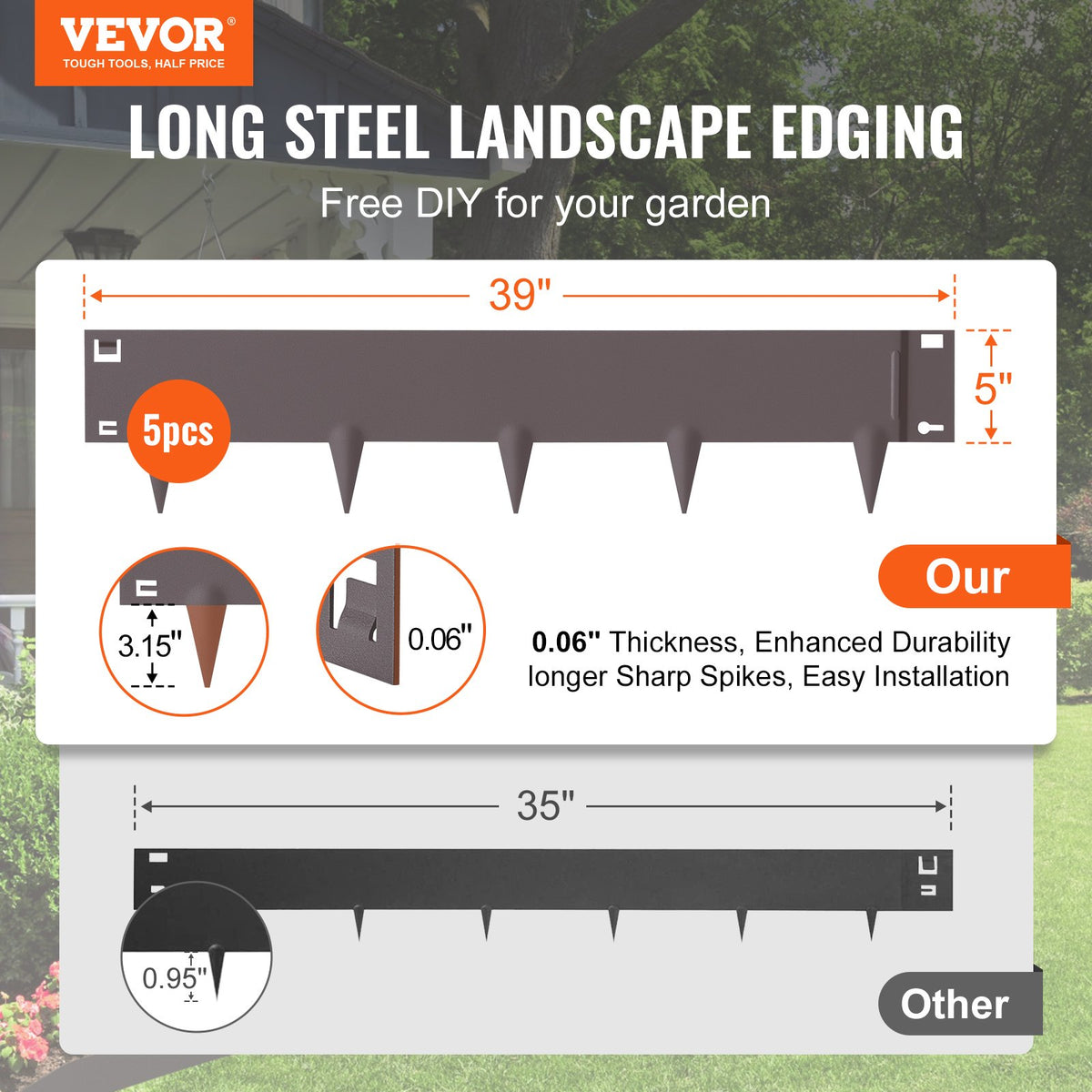 VEVOR Steel Landscape Edging, 5-pack Steel Garden Edging Borders, 39" L x 5" H Strips, Hammer-in Edging Border, Bendable Metal Landscape Edging for Yard, Garden, Lawn, 3.15" Spike Height, Brown - CPPZ5INCH162R3IS3V0 - view 3