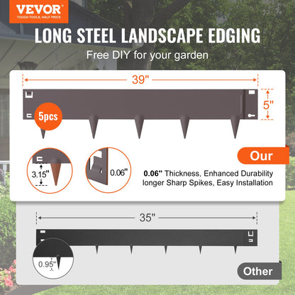 VEVOR Steel Landscape Edging, 5-pack Steel Garden Edging Borders, 39" L x 5" H Strips, Hammer-in Edging Border, Bendable Metal Landscape Edging for Yard, Garden, Lawn, 3.15" Spike Height, Brown - CPPZ5INCH162R3IS3V0 - view 3