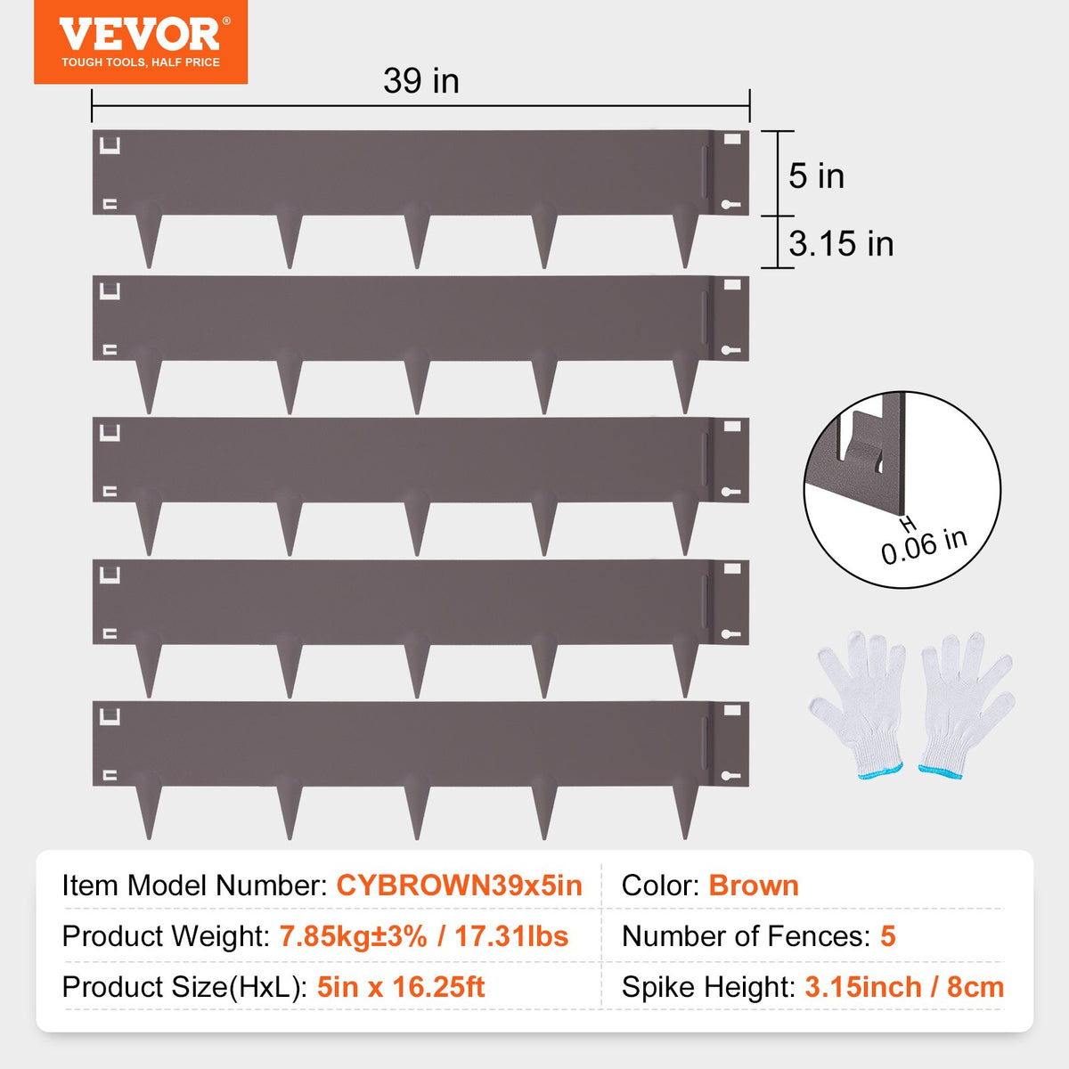 VEVOR Steel Landscape Edging, 5-pack Steel Garden Edging Borders, 39" L x 5" H Strips, Hammer-in Edging Border, Bendable Metal Landscape Edging for Yard, Garden, Lawn, 3.15" Spike Height, Brown - CPPZ5INCH162R3IS3V0 - view 8