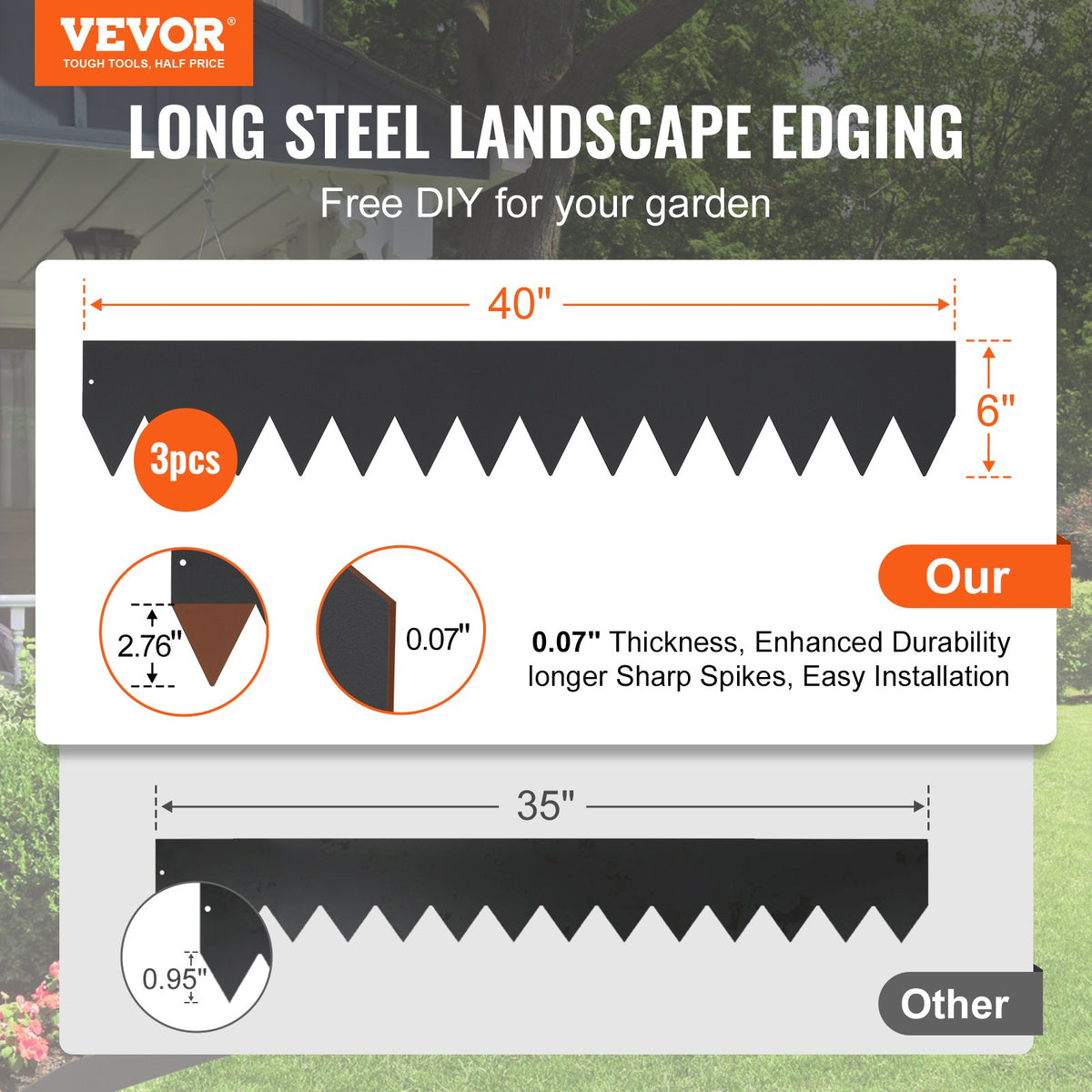 VEVOR Steel Landscape Edging, 3-pack Steel Garden Edging Borders, 40" L x 6" H Strips, Hammer-in Edging Border with 5 Clips, Bendable Metal Landscape Edging for Yard, Garden, Lawn - CPPZ6INCH10FIGLUQV0 - view 3