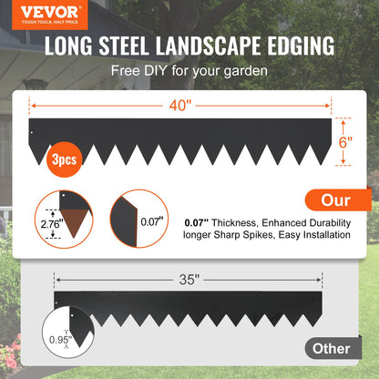 VEVOR Steel Landscape Edging, 3-pack Steel Garden Edging Borders, 40" L x 6" H Strips, Hammer-in Edging Border with 5 Clips, Bendable Metal Landscape Edging for Yard, Garden, Lawn - CPPZ6INCH10FIGLUQV0 - view 3