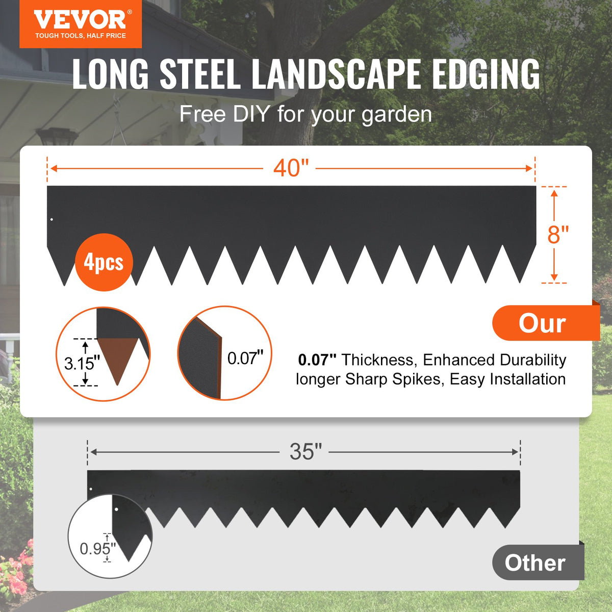 VEVOR Steel Landscape Edging, 4-pack Steel Garden Edging Borders, 40" L x 8" H Strips, Hammer-in Edging Border with 6 Clips, Bendable Metal Landscape Edging for Yard, Garden, Lawn - CPPZ8INCH133HVLDOV0 - view 3