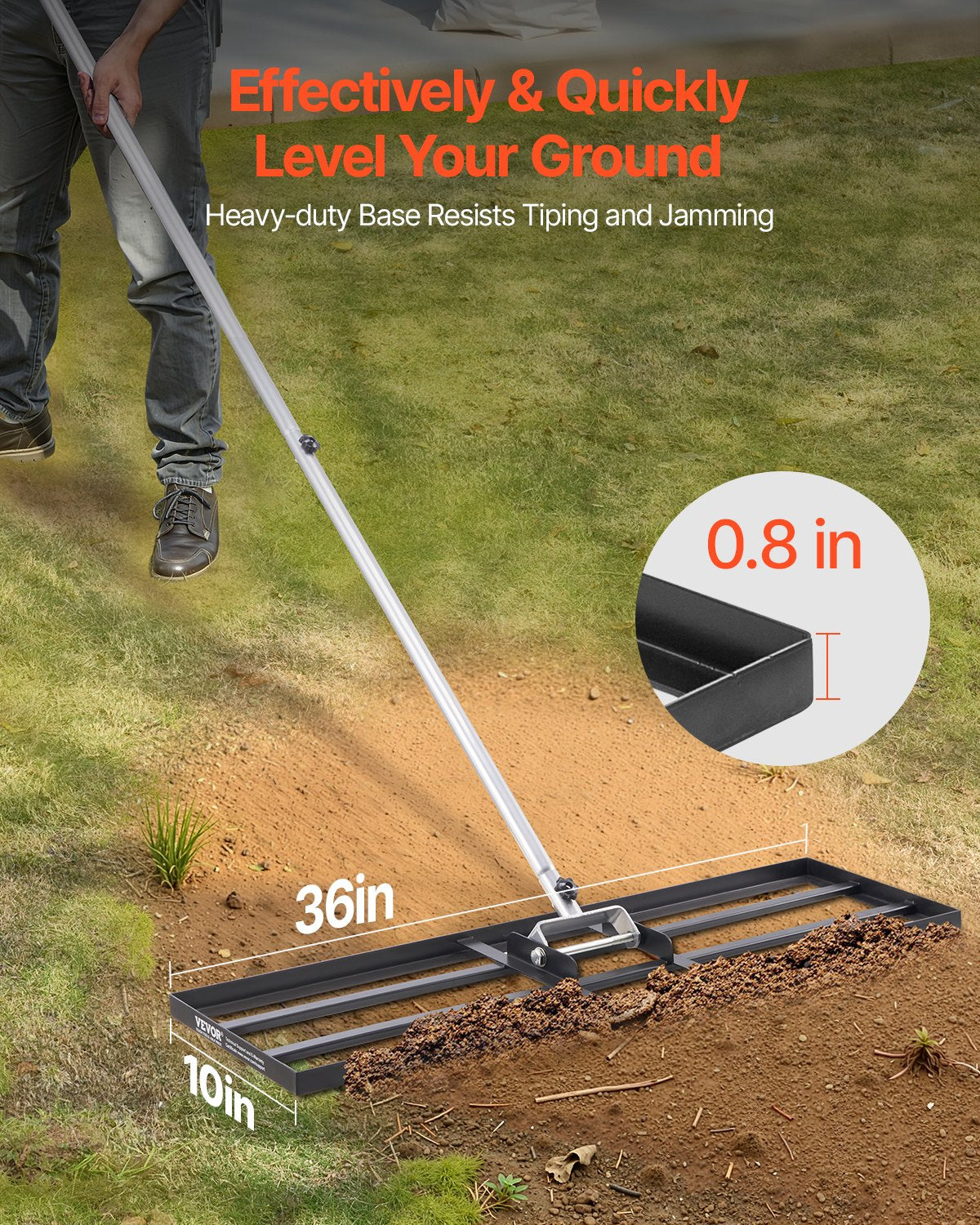 VEVOR Lawn Leveling Rake, Lawn Leveler with 83.9 in Handle, 36x10 in Ground Plate, Rust-Resistant Carbon Steel Soil Leveler, 3 Heights Adjustable, Effort Saving Lawn Leveling Tool for Yard Golf Court - CPPZPEKCGK10365WEV0 - view 3