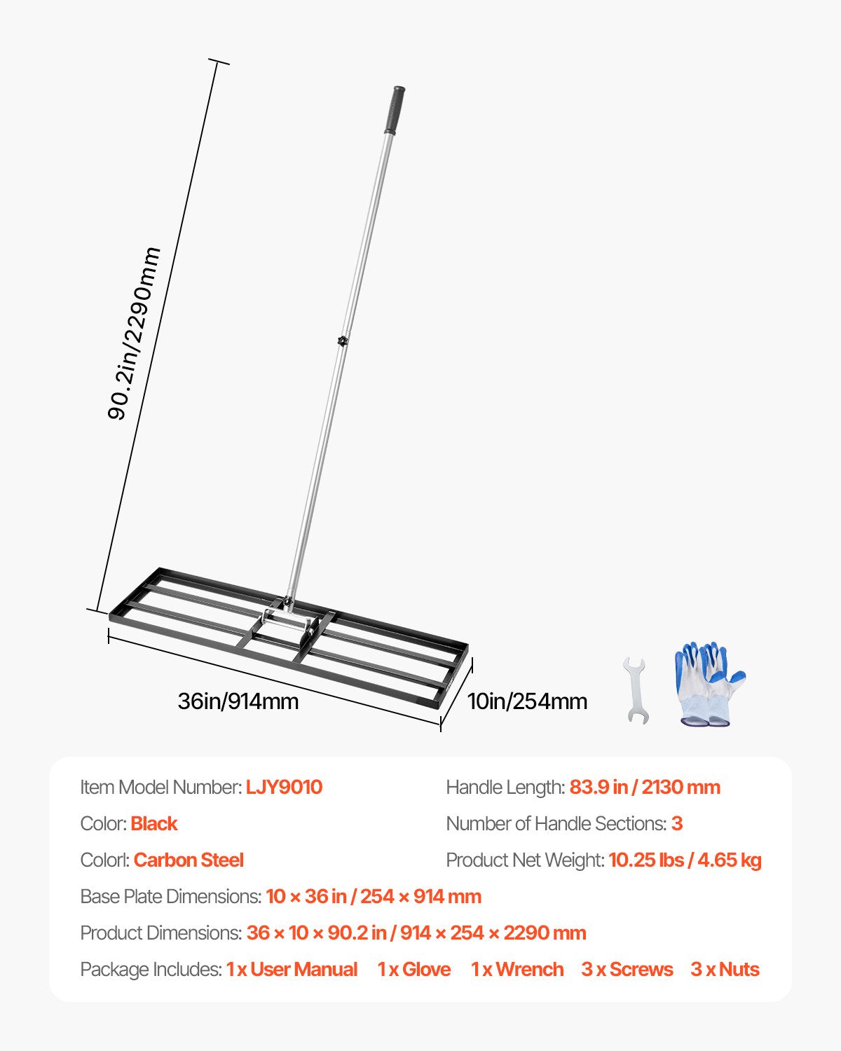 VEVOR Lawn Leveling Rake, Lawn Leveler with 83.9 in Handle, 36x10 in Ground Plate, Rust-Resistant Carbon Steel Soil Leveler, 3 Heights Adjustable, Effort Saving Lawn Leveling Tool for Yard Golf Court - CPPZPEKCGK10365WEV0 - view 8