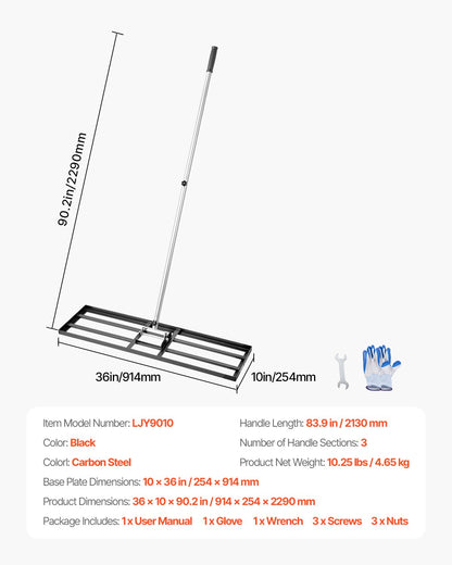 VEVOR Lawn Leveling Rake, Lawn Leveler with 83.9 in Handle, 36x10 in Ground Plate, Rust-Resistant Carbon Steel Soil Leveler, 3 Heights Adjustable, Effort Saving Lawn Leveling Tool for Yard Golf Court - CPPZPEKCGK10365WEV0 - view 8