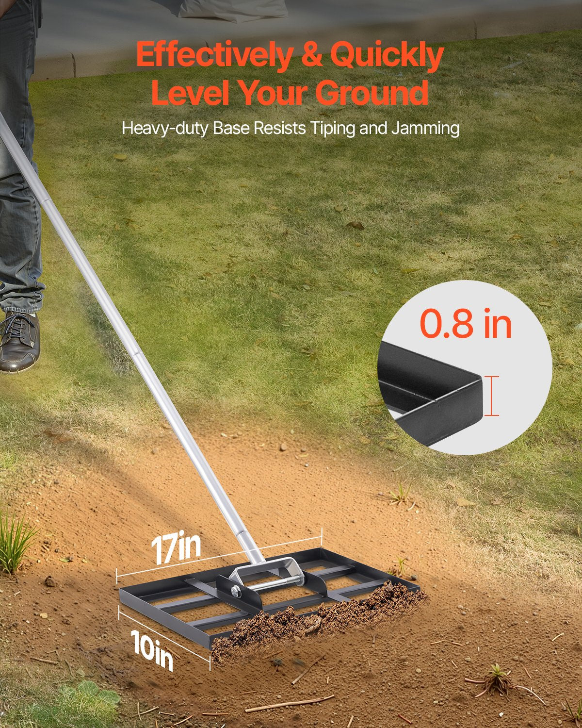 VEVOR Lawn Leveling Rake, Lawn Leveler with 78 in Handle, 17x10 in Ground Plate, Rust-Resistant Carbon Steel Soil Leveler, 5 Heights Adjustable, Effort Saving Lawn Leveling Tool for Yard Golf Court - CPPZPEKCGK1095NBKV0 - view 3