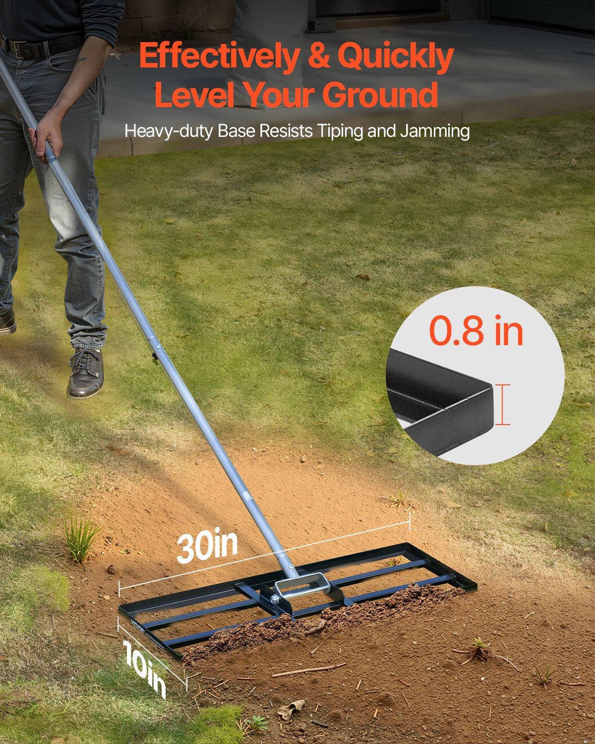 VEVOR Lawn Leveling Rake, Lawn Leveler with 83.9 in Handle, 30x10 in Ground Plate, Rust-Resistant Carbon Steel Soil Leveler, 3 Heights Adjustable, Effort Saving Lawn Leveling Tool for Yard Golf Court - CPPZPEKCGK10XK3HSV0 - view 3