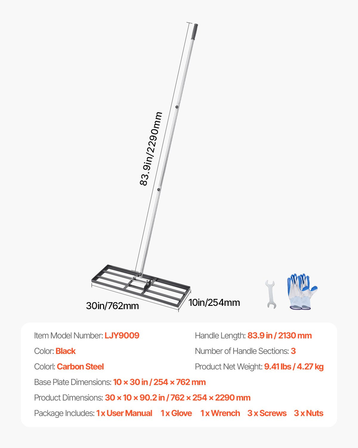 VEVOR Lawn Leveling Rake, Lawn Leveler with 83.9 in Handle, 30x10 in Ground Plate, Rust-Resistant Carbon Steel Soil Leveler, 3 Heights Adjustable, Effort Saving Lawn Leveling Tool for Yard Golf Court - CPPZPEKCGK10XK3HSV0 - view 8