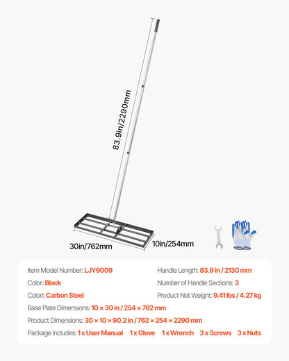 VEVOR Lawn Leveling Rake, Lawn Leveler with 83.9 in Handle, 30x10 in Ground Plate, Rust-Resistant Carbon Steel Soil Leveler, 3 Heights Adjustable, Effort Saving Lawn Leveling Tool for Yard Golf Court - CPPZPEKCGK10XK3HSV0 - view 8