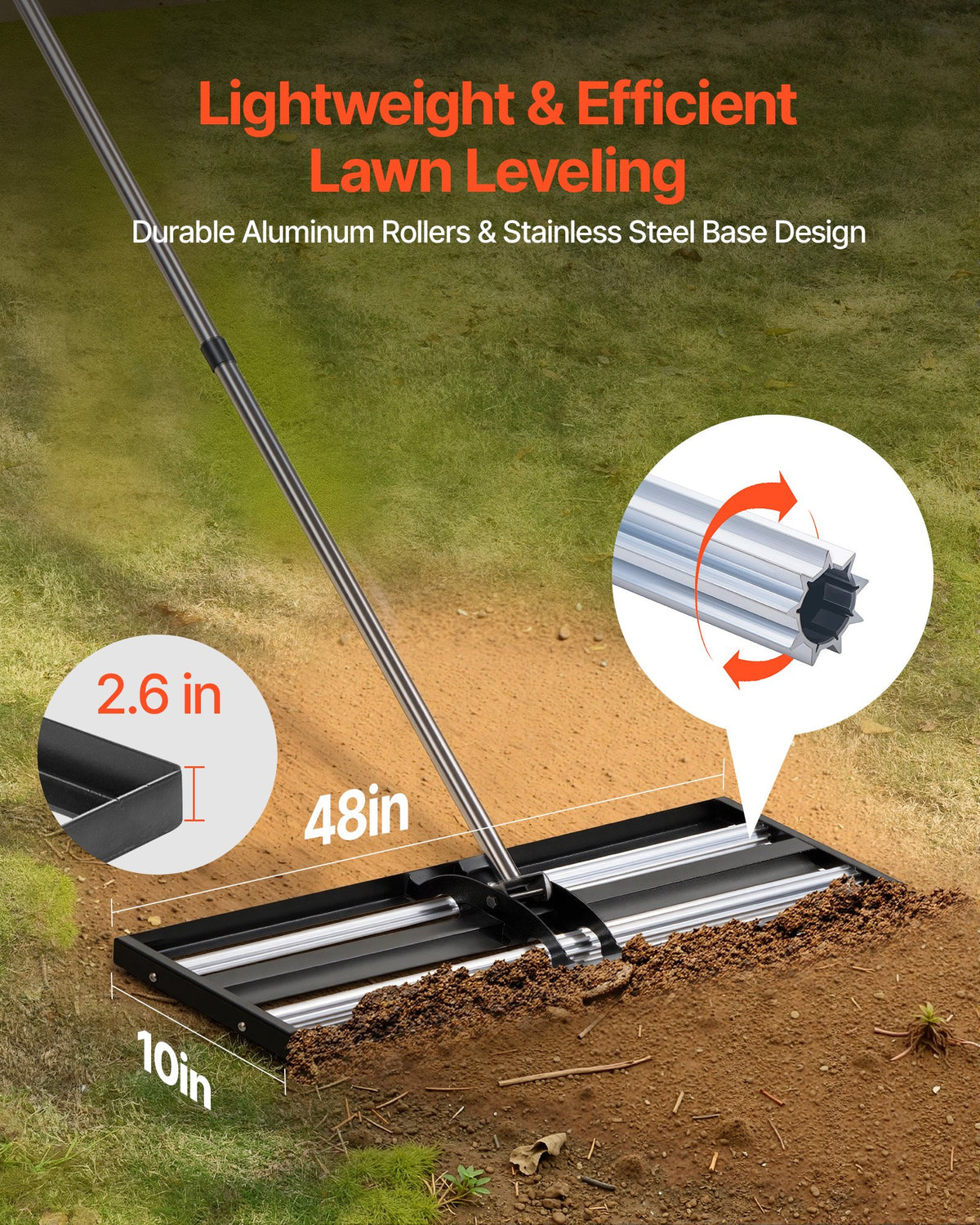 VEVOR Updated Lawn Leveling Rake with Roller, 48'' x 10" Stainless Steel Lawn Leveler with 83.9'' Adjustable Handle, Heavy Duty Yard Leveling Rake, Effort Saving Lawn Leveling Tool for Yard Golf Court - CPPZPEKGLK10BJFKJ002V0 - view 3