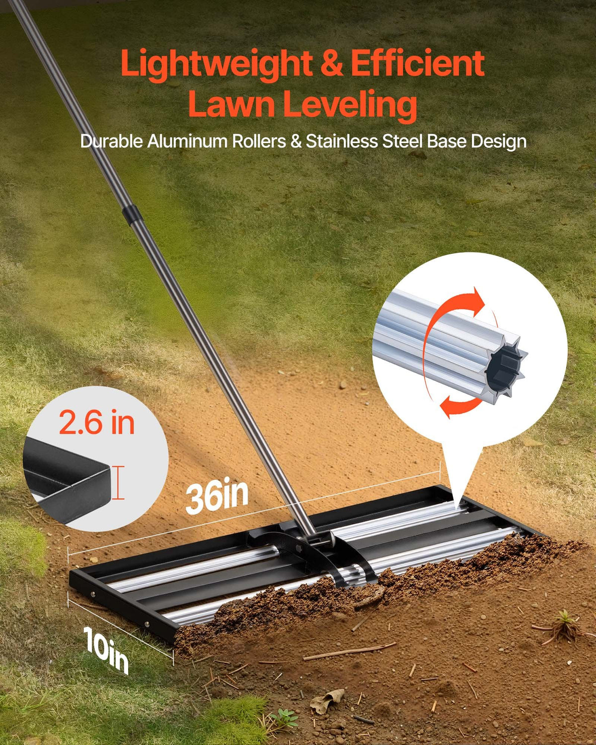 VEVOR Updated Lawn Leveling Rake with Roller, 36" x 10" Stainless Steel Lawn Leveler with 83.9" Adjustable Handle, Heavy Duty Yard Leveling Rake, Effort Saving Lawn Leveling Tool for Yard Golf Court - CPPZPEKGLK10DCB4D002V0 - view 3