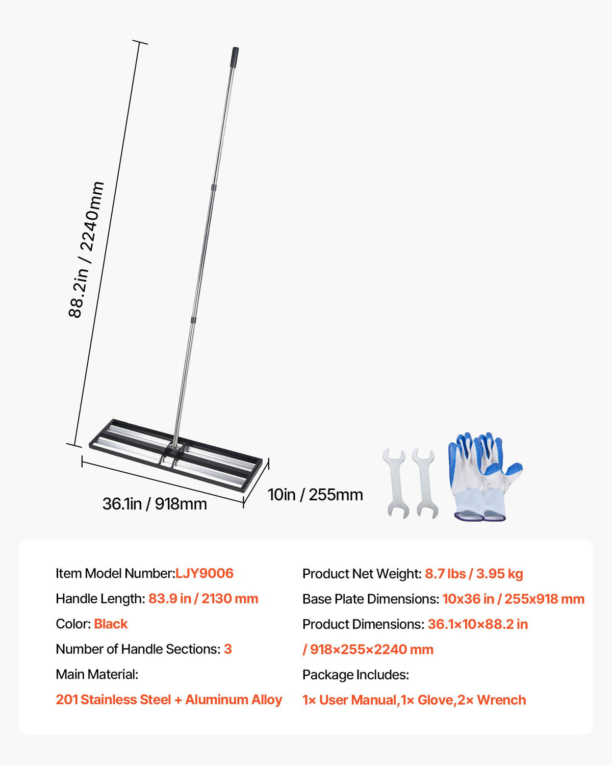 VEVOR Updated Lawn Leveling Rake with Roller, 36" x 10" Stainless Steel Lawn Leveler with 83.9" Adjustable Handle, Heavy Duty Yard Leveling Rake, Effort Saving Lawn Leveling Tool for Yard Golf Court - CPPZPEKGLK10DCB4D002V0 - view 8