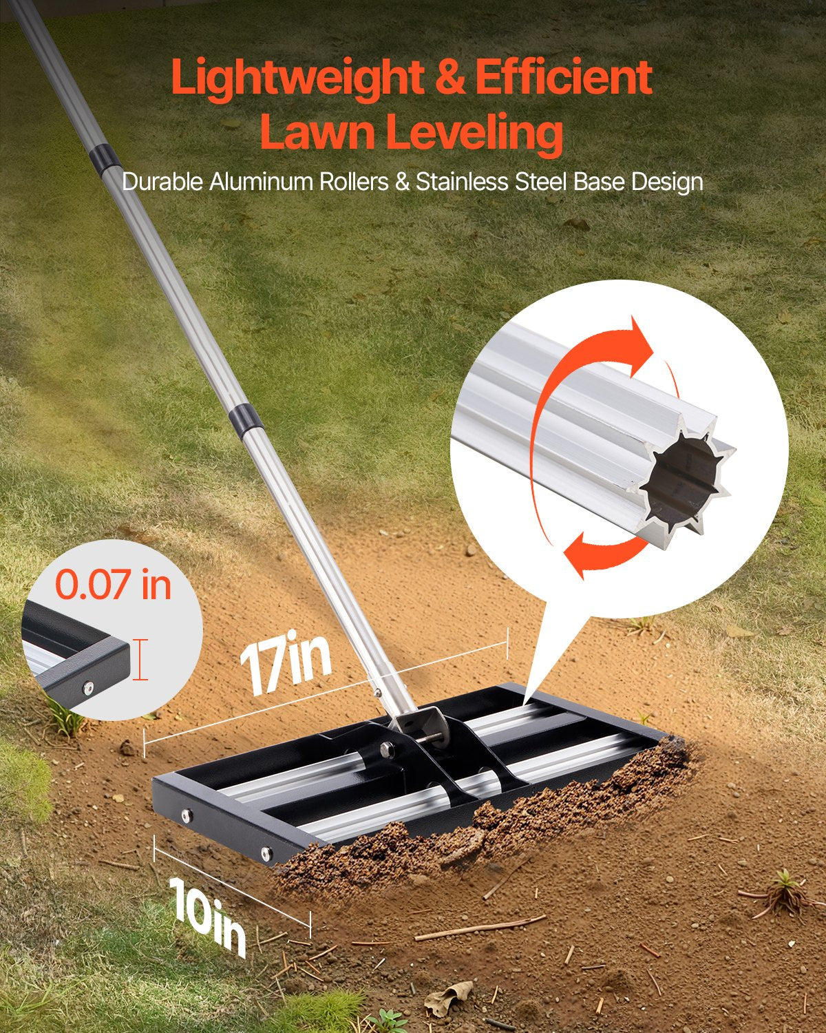 VEVOR Updated Lawn Leveling Rake with Roller, 17" x 10" Stainless Steel Lawn Leveler with 63.4" Adjustable Handle, Heavy Duty Yard Leveling Rake, Effort Saving Lawn Leveling Tool for Yard Golf Court - CPPZPEKGLK10STLEJV0 - view 3