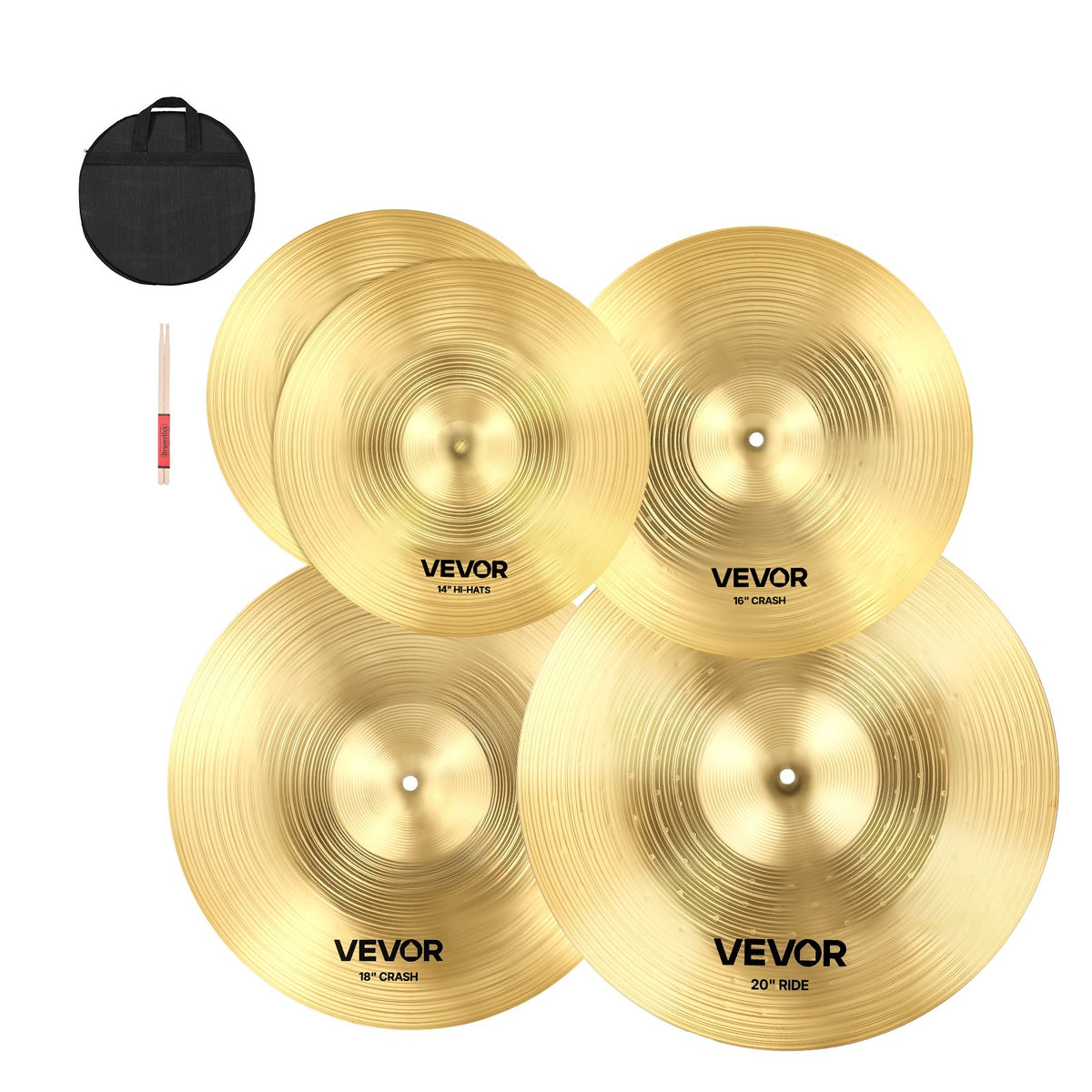 VEVOR Cymbal Pack, 4 Pieces Cymbals for Drum Set, Alloy Cymbals Drum Set Includes 14-inch Hi-Hats, 16-inch Crash, 18-inch Crash, 20-inch Ride, Drumsticks & Cymbal Bag, Alloy Cymbal Pack for Drummer - CPTZCPTZ3ZXGCEXJW001V0 - view 1