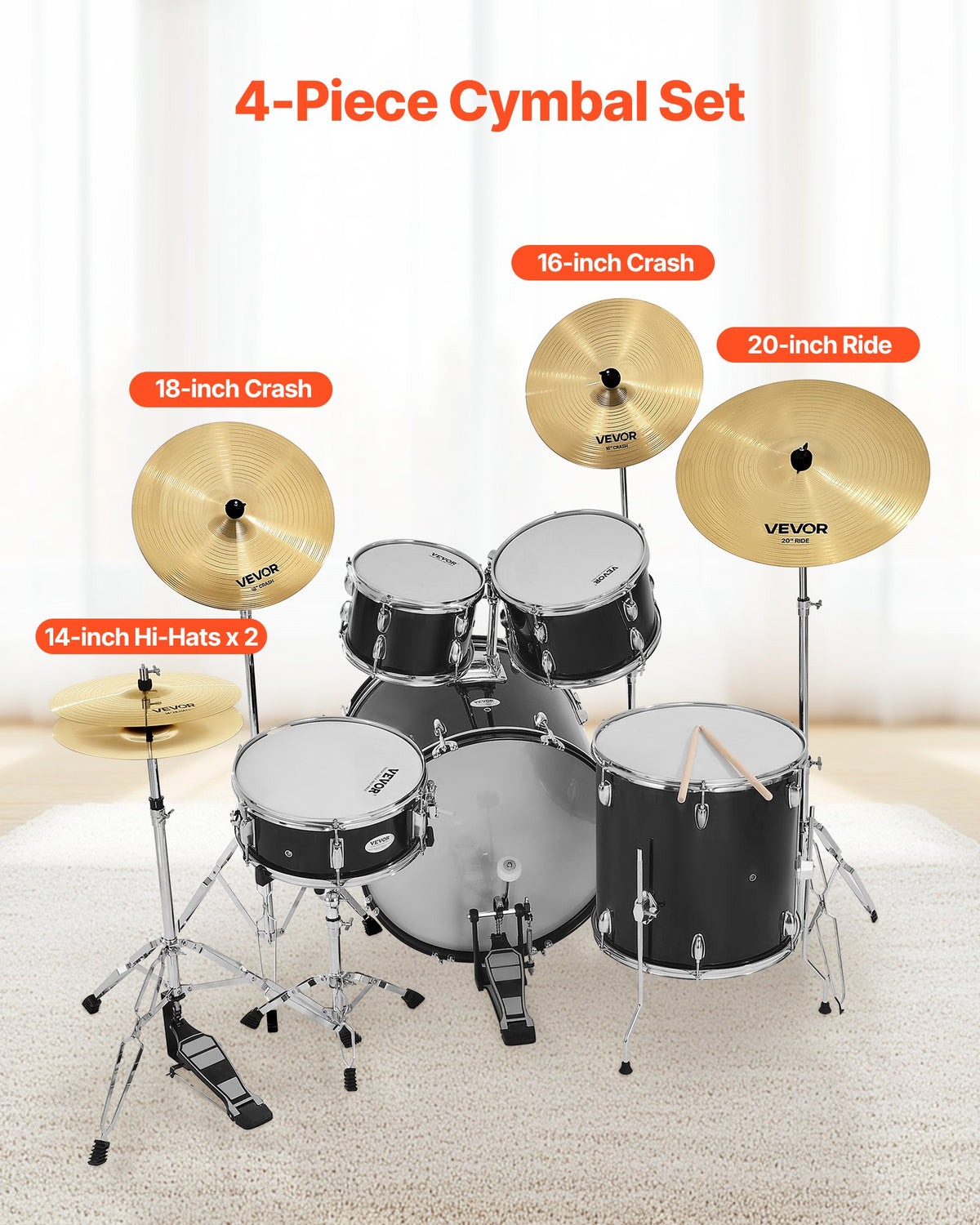 VEVOR Cymbal Pack, 4 Pieces Cymbals for Drum Set, Alloy Cymbals Drum Set Includes 14-inch Hi-Hats, 16-inch Crash, 18-inch Crash, 20-inch Ride, Drumsticks & Cymbal Bag, Alloy Cymbal Pack for Drummer - CPTZCPTZ3ZXGCEXJW001V0 - view 3