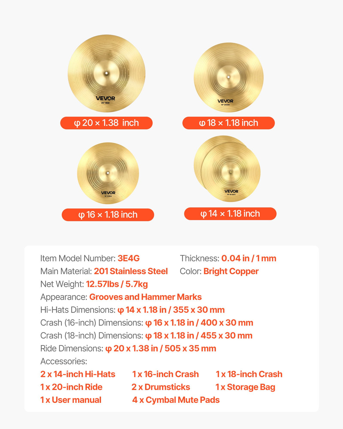 VEVOR Cymbal Pack, 4 Pieces Cymbals for Drum Set, Alloy Cymbals Drum Set Includes 14-inch Hi-Hats, 16-inch Crash, 18-inch Crash, 20-inch Ride, Drumsticks & Cymbal Bag, Alloy Cymbal Pack for Drummer - CPTZCPTZ3ZXGCEXJW001V0 - view 8
