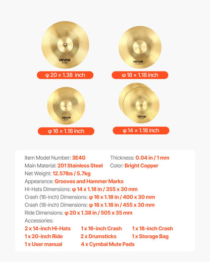 VEVOR Cymbal Pack, 4 Pieces Cymbals for Drum Set, Alloy Cymbals Drum Set Includes 14-inch Hi-Hats, 16-inch Crash, 18-inch Crash, 20-inch Ride, Drumsticks & Cymbal Bag, Alloy Cymbal Pack for Drummer - CPTZCPTZ3ZXGCEXJW001V0 - view 8