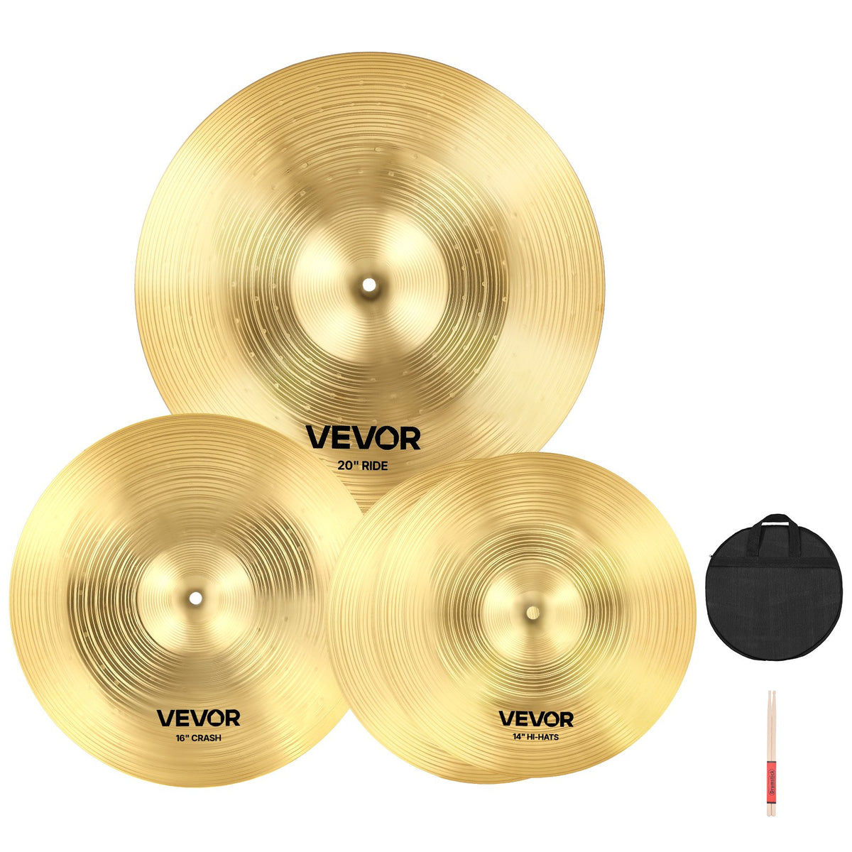VEVOR Cymbal Pack, 3 Pieces Cymbals for Drum Set, Alloy Cymbals Drum Set Includes 14-inch Hi-Hats, 16-inch Crash, 20-inch Ride, Drumsticks & Cymbal Bag, Alloy Cymbal Pack for Drummer, Bright Copper - CPTZCPTZ3ZXGGQ223001V0 - view 1